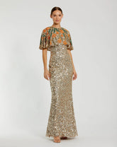 Gold Embellished Gown With Floral Beaded Shawl