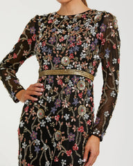 Black Embellished Mesh Long Sleeve Gown