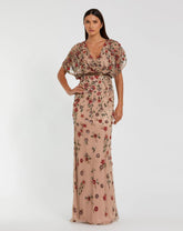 Beige Floral Embellished Short Sleeve Blouson Gown