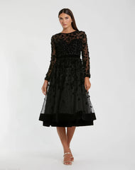 Black Velvet Embellished Illusion Long Sleeve A-Line Midi Dress