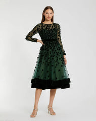 Green Velvet Embellished Illusion Long Sleeve A-Line Midi Dress