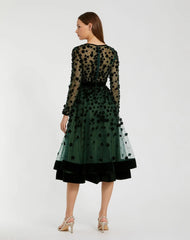 Green Velvet Embellished Illusion Long Sleeve A-Line Midi Dress
