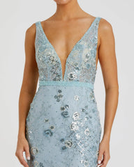 Blue Embellished Sleeveless Plunge Neck Gown