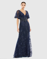 Navy Embellished Flutter Sleeve Evening Gown