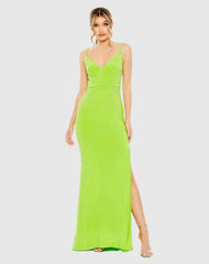 Green Rhinestone Embellished V-Neck Gown