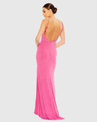 Pink Rhinestone Embellished V-Neck Gown