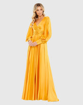 Flowy Split Bishop Sleeve Faux Wrap Gown