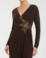 Brown Faux Wrap Long Sleeve Evening Gown with Appliqué Detail