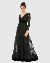 Black Lace Long Sleeve V-Neck Wrap Over Gown