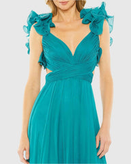 Blue Ruffle Tiered Cut-Out Chiffon Gown