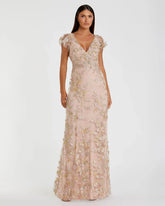 Embroidered Applique Wrap Over Flutter Sleeve Gown