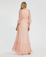 Pink Chiffon Ruched Illusion Raglan Sleeve Ruffled Gown