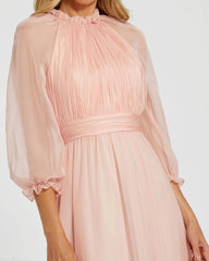 Pink Chiffon Ruched Illusion Raglan Sleeve Ruffled Gown
