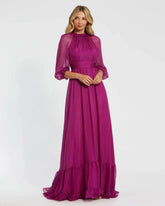 Purple Chiffon Ruched Illusion Raglan Sleeve Ruffled Gown