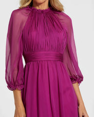Purple Chiffon Ruched Illusion Raglan Sleeve Ruffled Gown