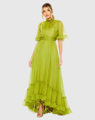 Ruffled Mock Neck Flutter Sleeve High Low Hem Gown