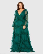Green V Neck Ruffle Tiered Puff Sleeve Gown (Plus)
