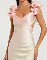 Pink and Green Charmeuse Ruffle Strap Crossover Ombre Gown