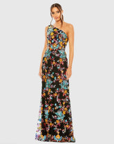 Multicolor One Shoulder Floral Sequin Lace Up Gown