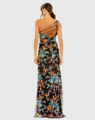 Black Multicolor One Shoulder Floral Sequin Lace Up Gown