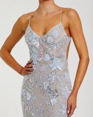 Blue Embroidered Sleeveless Open Back Column Gown