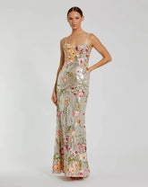 Silver Sleeveless Bustier Floral Applique Gown