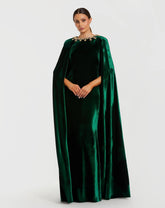 Dark Green Velvet Cape Gown With Embellished Neckline