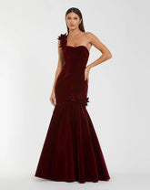 Dark Velvet One Shoulder Trumpet Gown With Flowers