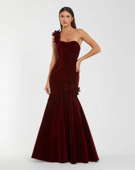 Dark Velvet One Shoulder Trumpet Gown With Flowers