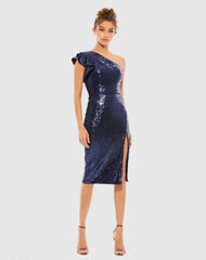 Navy Sequined Flutter One Shoulder Fitted Midi Dress
