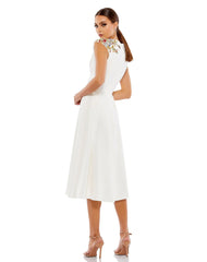 White Beaded Cap Sleeve A Line Midi Dress