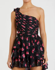 Black One Shoulder Ruffled Rose Print Layered High-Low Dress - FINAL SALE