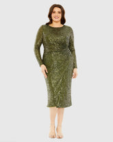 Green Long Sleeve Sequin Gathered Waist Dress