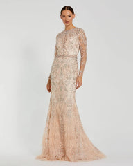 Pink Embroidered Illusion Long Sleeve Trumpet Gown