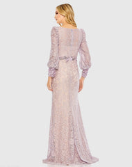 Purple Lace Long Sleeve V Neck Embellished Gown - Final Sale