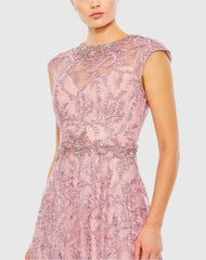 Pink Embroidered Cap Sleeve A Line Gown