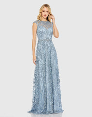 Blue Embroidered Cap Sleeve A Line Gown