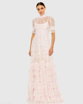 Embroidered Floral Tiered Smock Neck Gown