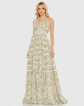 Multicolor Floral Cross Back Ruffle Tiered Smock Gown