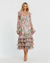 Multicolor Long Sleeve Ruffle Detail Floral Shift Dress