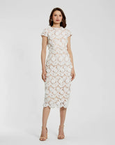 White and Beige Floral Lace Fitted Short Sleeve Midi Dress