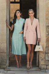 Light Blue Boucle Cap Sleeve Button Up Midi Dress