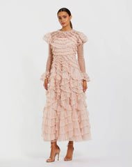 Pink Tiered Ruffle Trim Long Sleeve Midi Dress