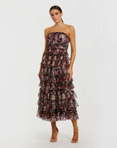 Black Multicolor Strapless Micro Ruffle A Line Midi Dress