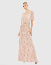 Pink Embellished Cap Sleeve Faux Wrap Trumpet Gown