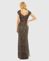 Brown Sequin Cap Sleeve Sweetheart Column Gown