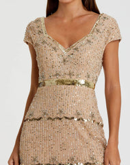 Gold Sequin Cap Sleeve Sweetheart Column Gown