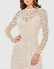 Nude Sequined Illusion High Neck Long Sleeve Midi Dress