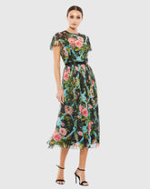 Multicolor Floral Illusion Cap Sleeve Midi Dress
