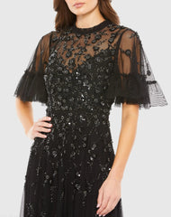 Black Ruffled Floral Embellished Flutter Sleeve A-Line Gown